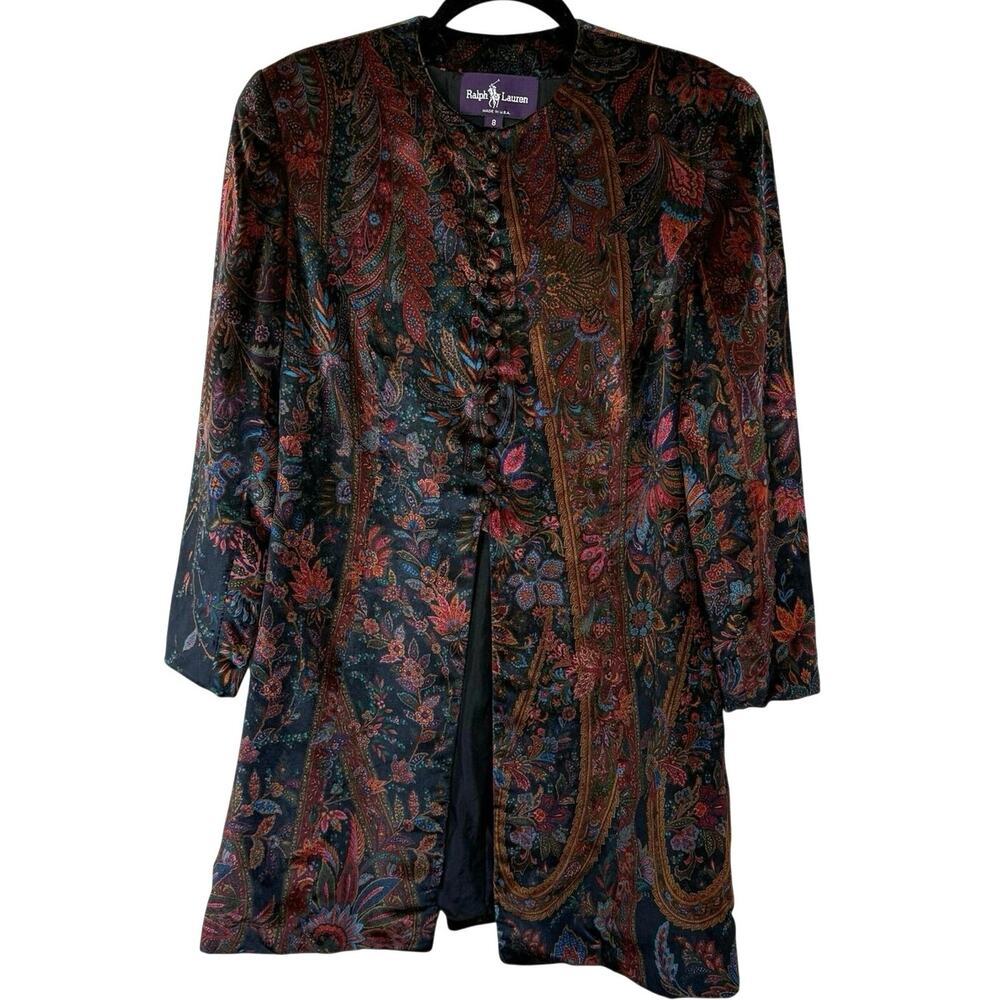 Vintage Ralph Lauren Silk Velvet Paisley Longline Blazer Jacket Sz 8 Made USA